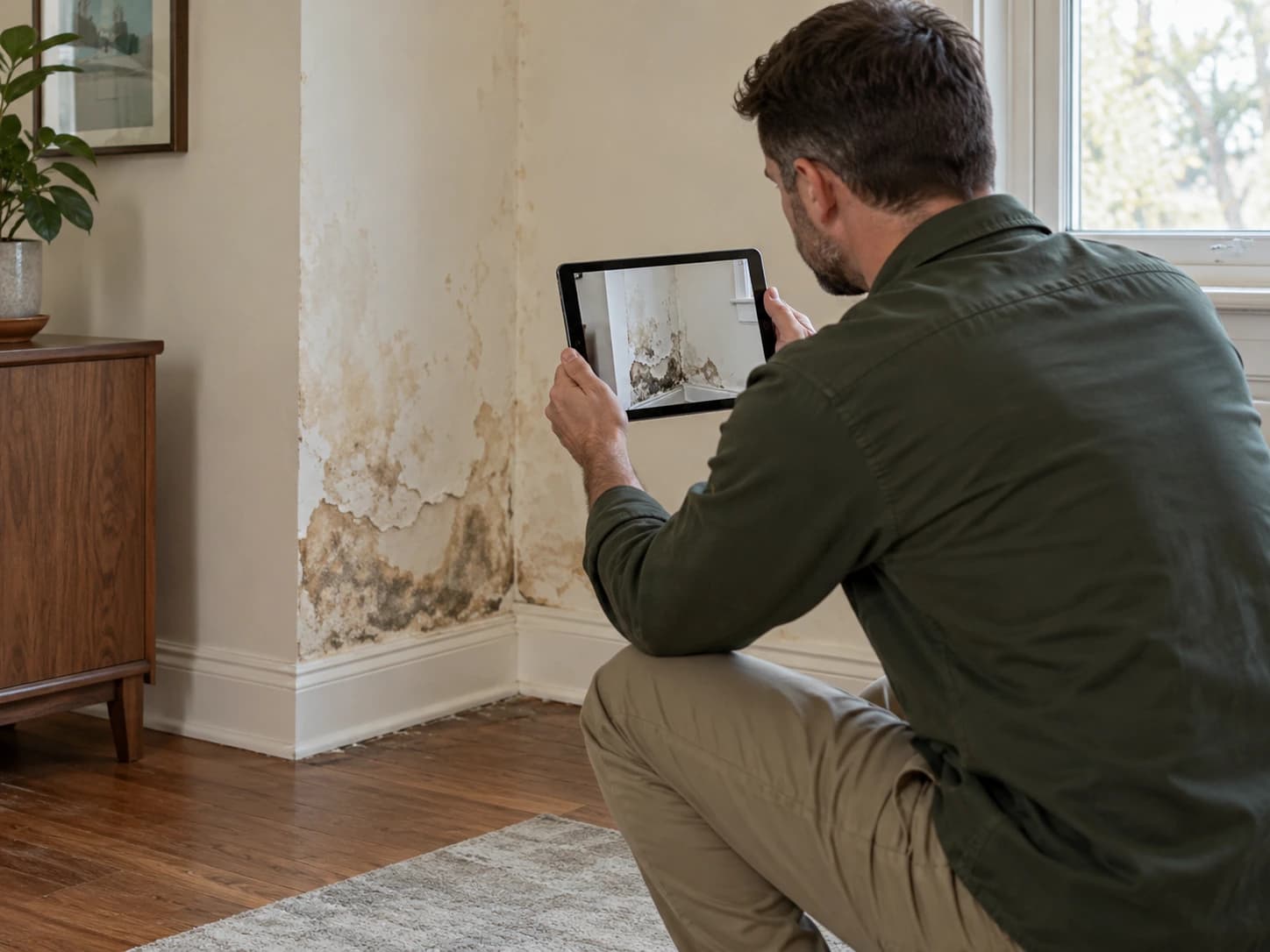 Illustration of an investigator documenting water damage