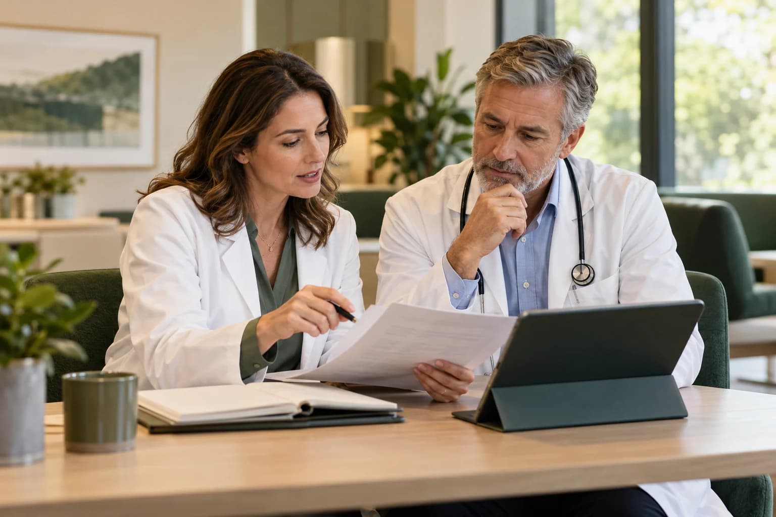 AI illustration of two clinicians reviewing environmental exposure assessment materials