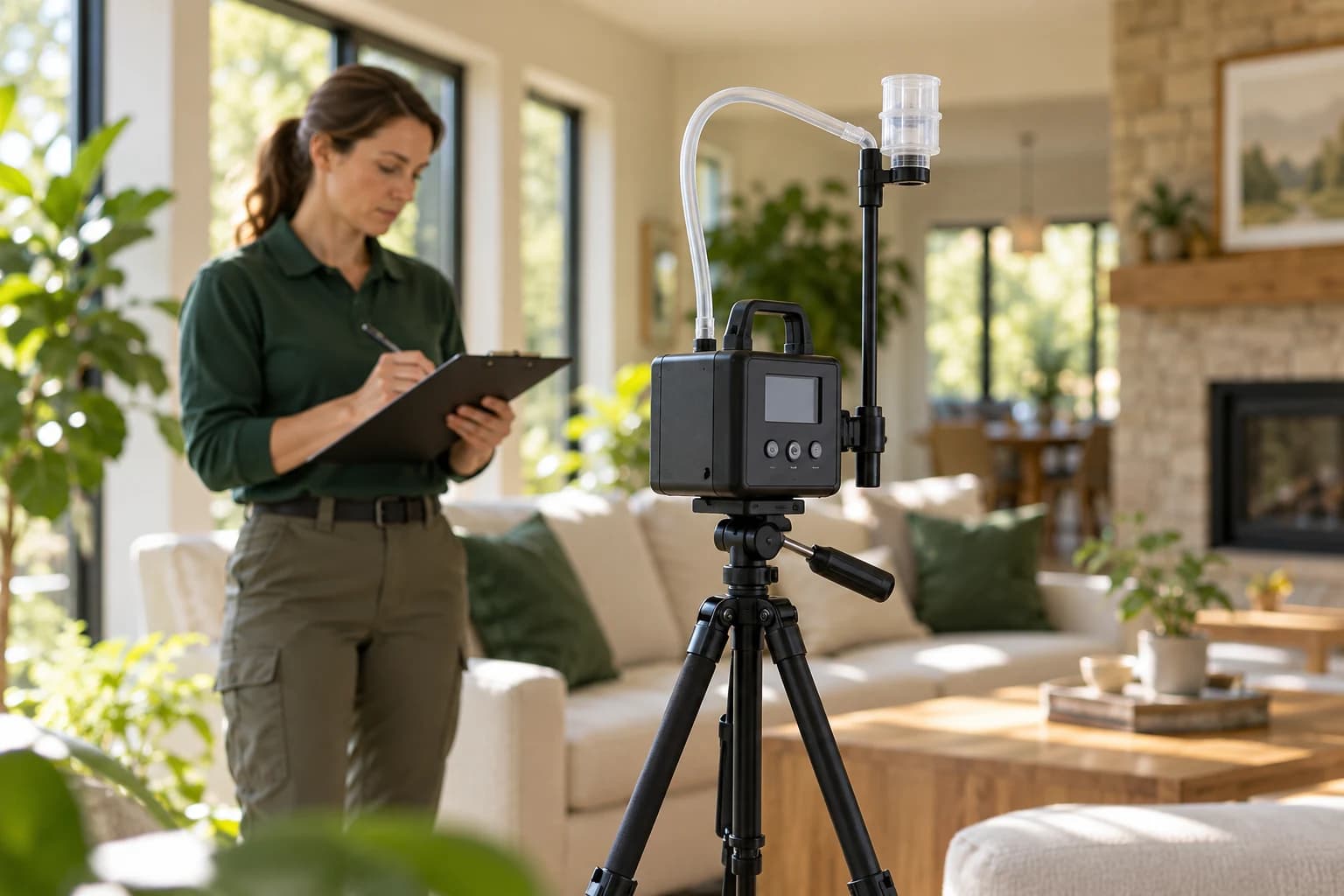 Illustration: Air sampling equipment set up inside a home