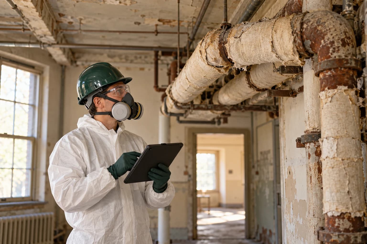 Illustration of an environmental surveyor documenting suspect pipe insulation