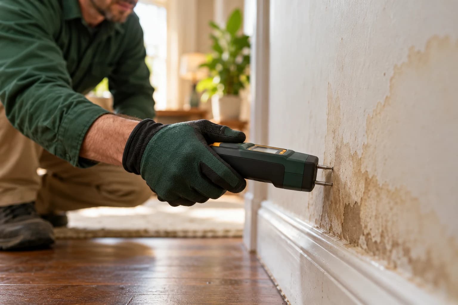 Illustration of a professional measuring moisture in water-stained drywall