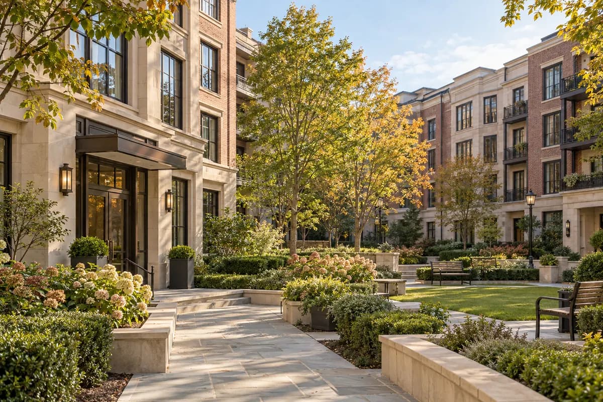 AI illustration of a well-maintained condominium community and landscaped shared courtyard