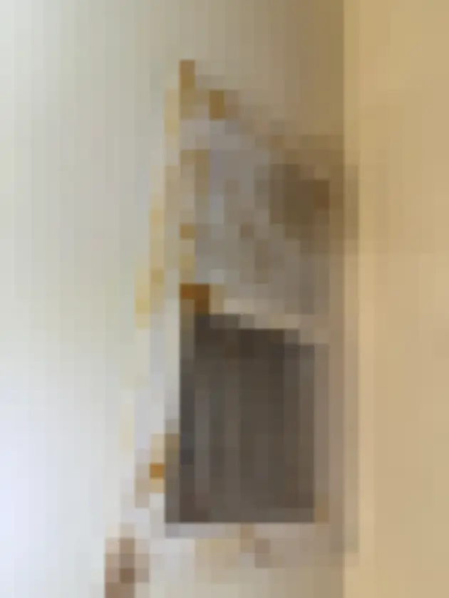 Brown and dark spotting along a white wall grille and surrounding finish