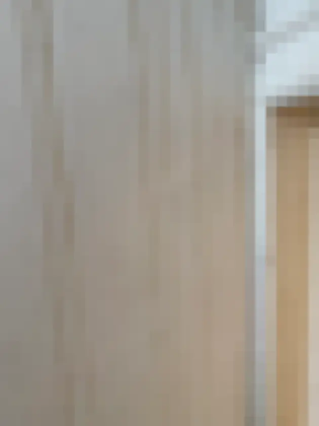 Vertical discolored lines descend pale wall panel beside door frame
